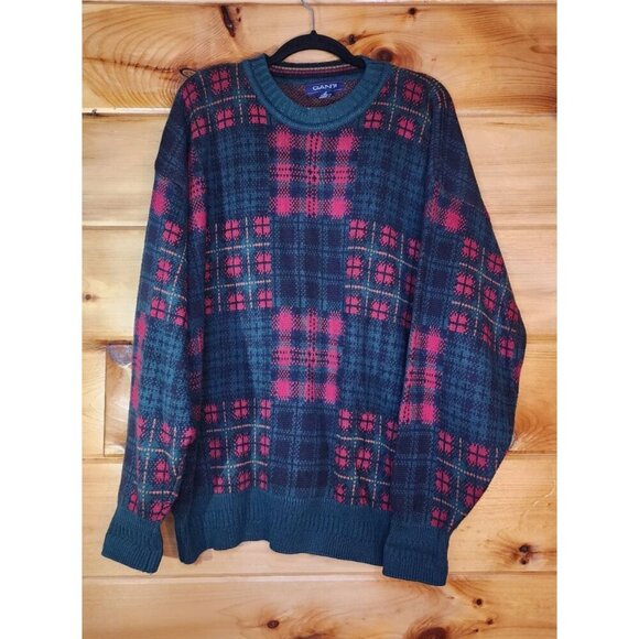 Vintage Gant Size Large Red Green Plaid Cotton Heavy Crew Sweater - Picture 1 of 9